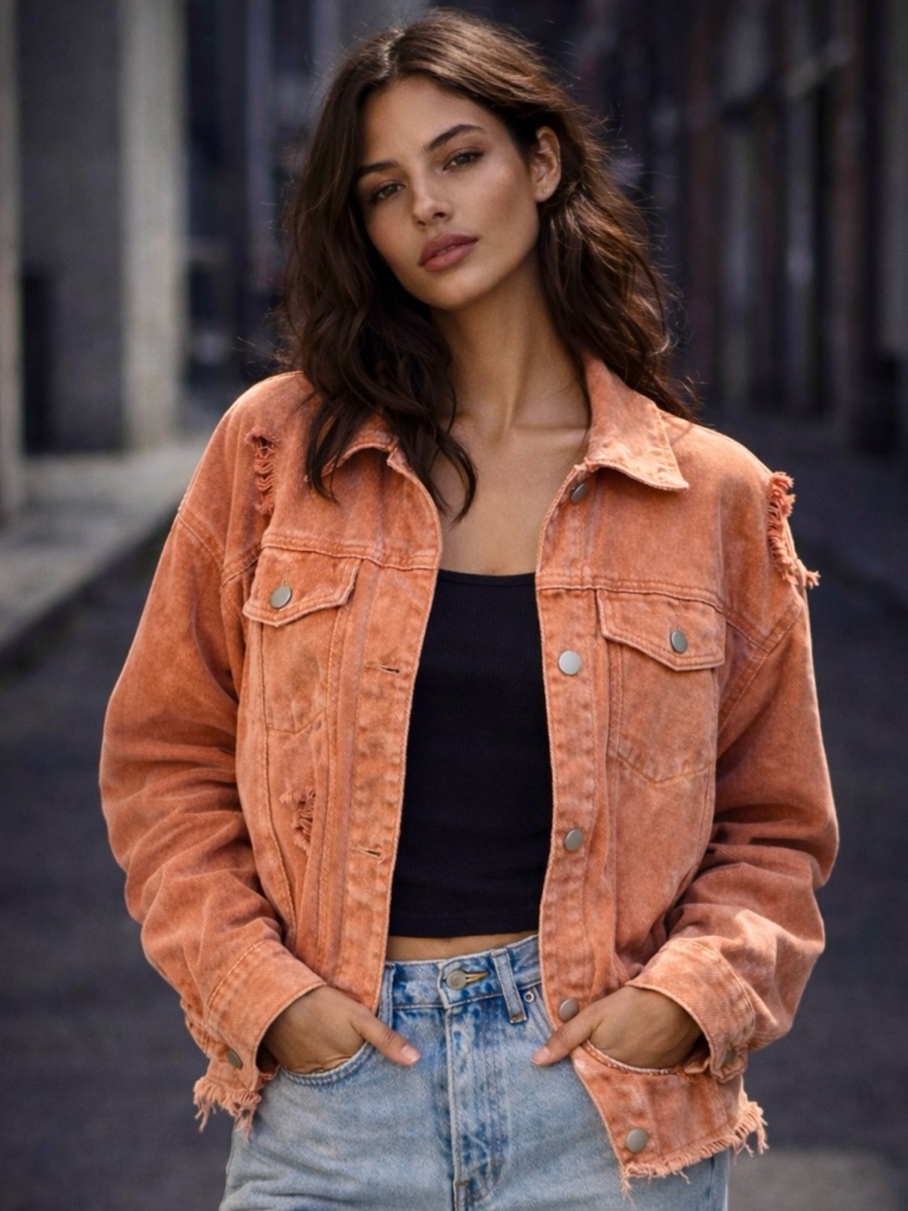 Peach Love California Orange Distressed Denim Jacket Small Oversized Acid Wash